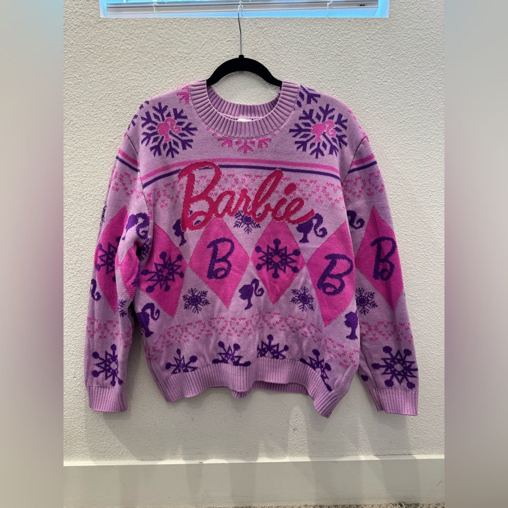 Barbie Christmas Sweater w/ festive pattern, iconic Barbie logo & snowflakes